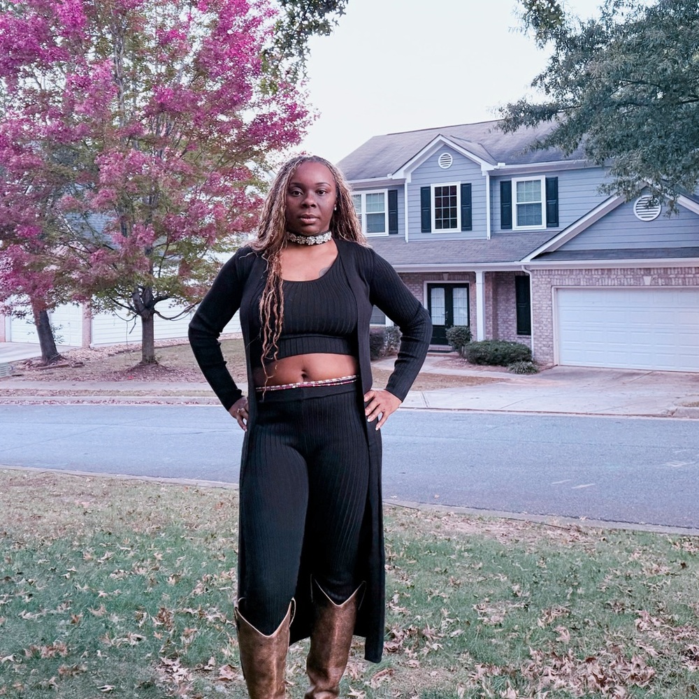 Black Women's Long Cardigan and Pants Set